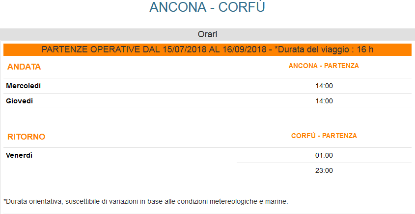 Orari e partenze - ANCONA - CORFU