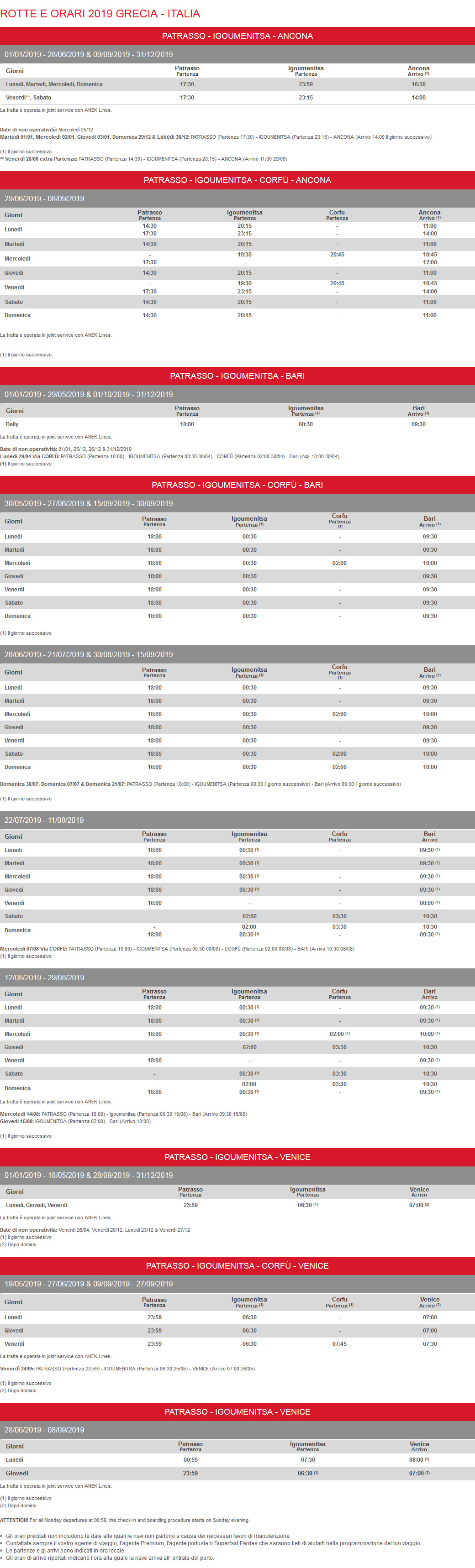 ROTTE E ORARI 2019 GRECIA - ITALIA