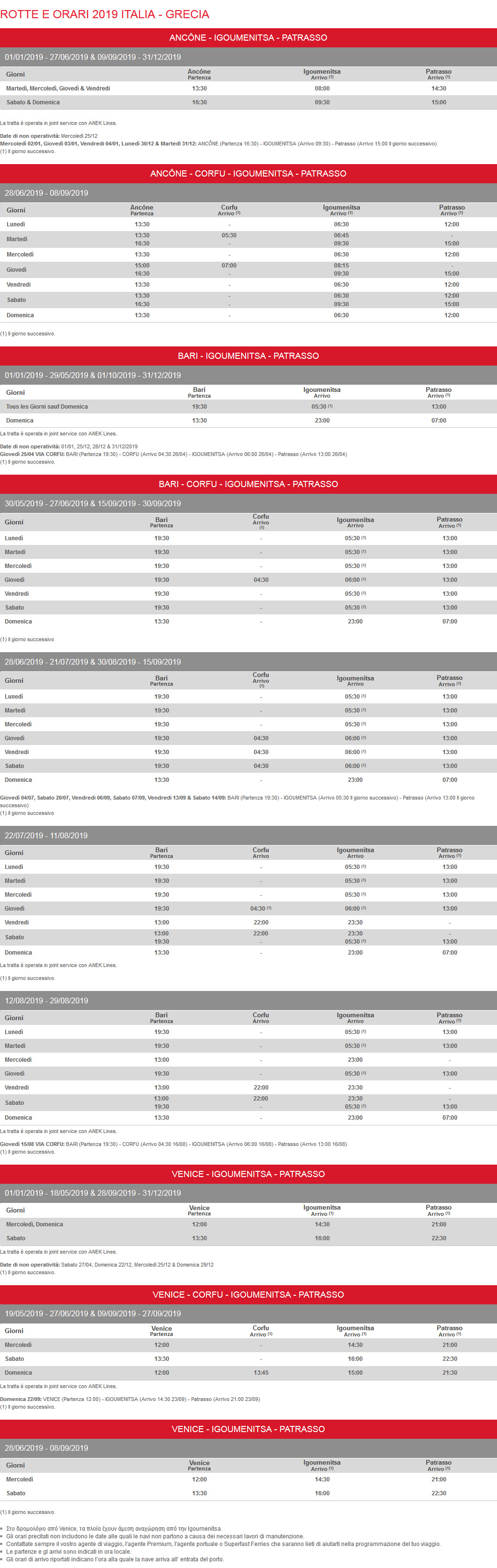 ROTTE E ORARI 2019 ITALIA - GRECIA